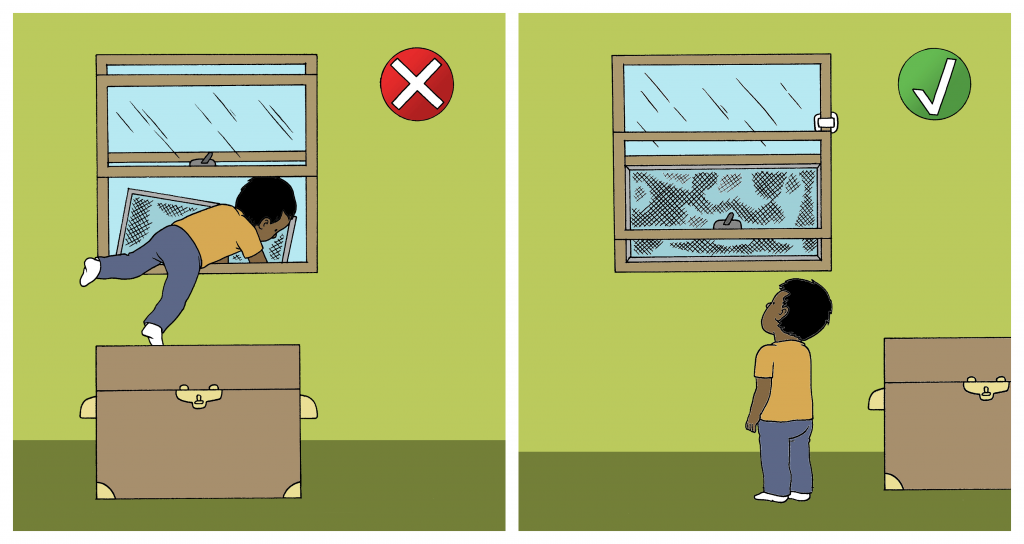 Illustration of furniture placed near a window with a child attempting to escape