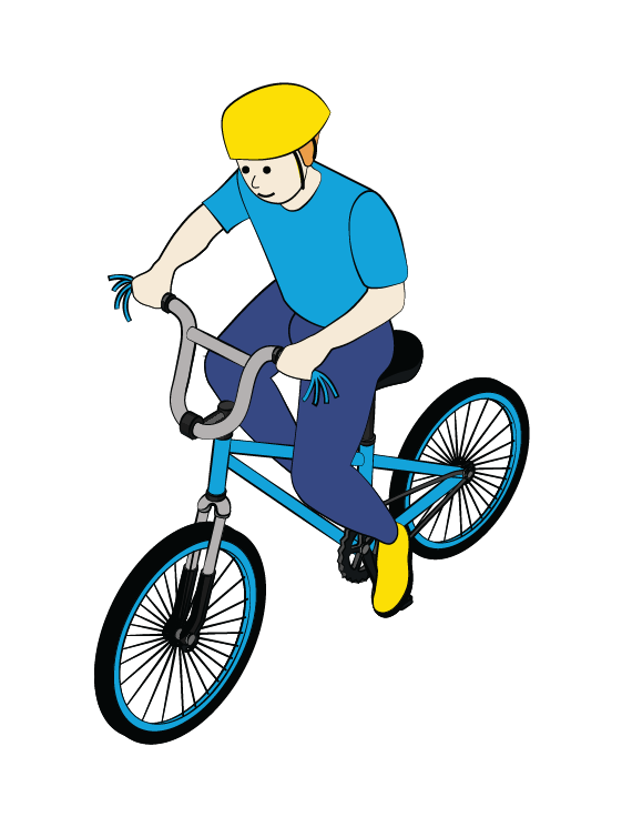 Illustration of boy riding bicycle, wearing helmet