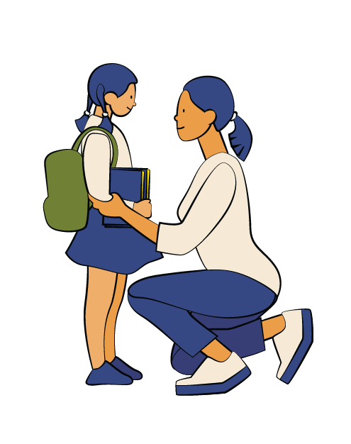 Illustration of woman kneeling on one knee, adjusting a young girl's backpack.